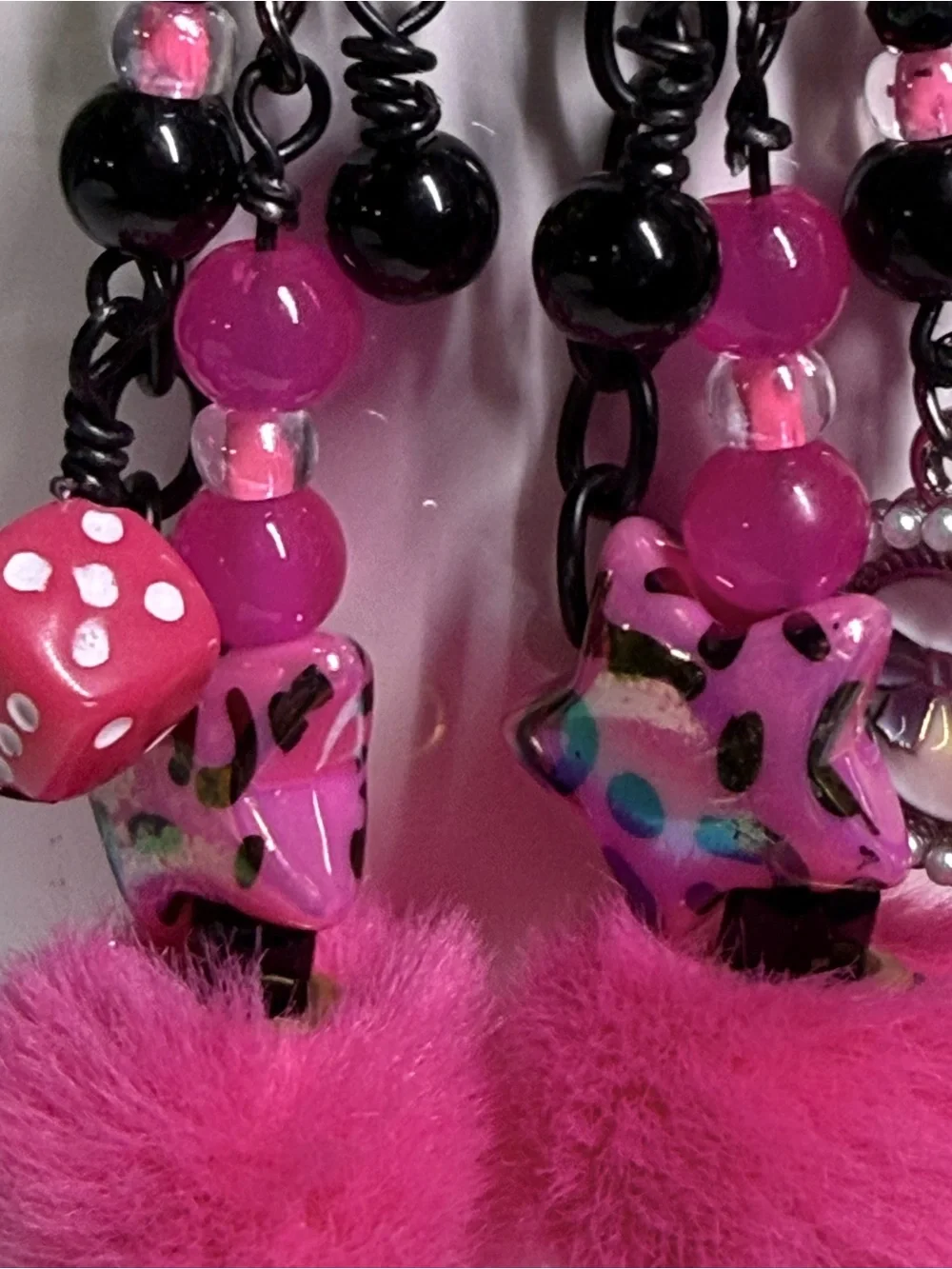 Handmade Y2K Hot Pink Fuzzy Pom Pom Dangle Earrings | Whimsigoth Emo Alt Goth